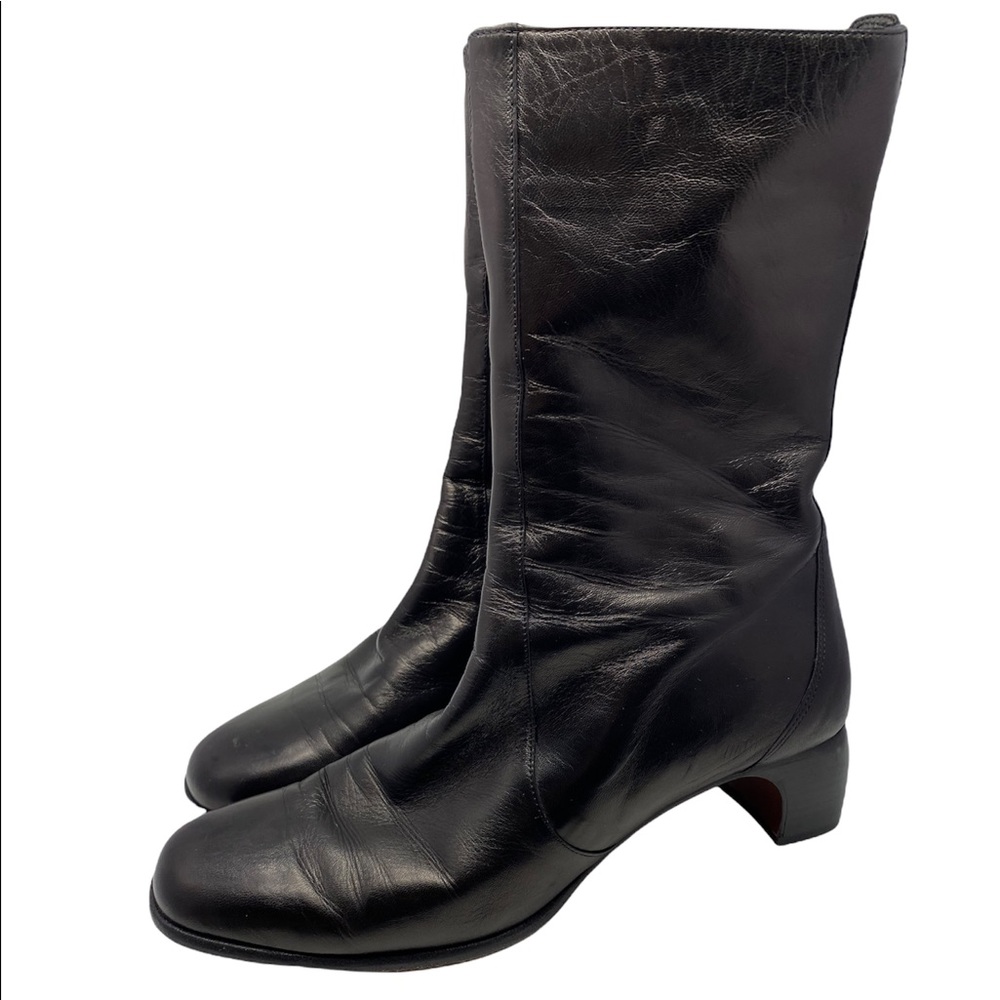 Cole Haan Black Leather Zip Boots Block Heels Mid Calf Shoes Italy Women’s 11 B